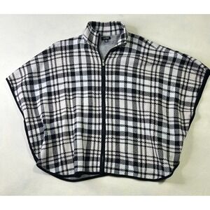Jones New York Womens Black White Plaid Full Zip Knit Poncho Wrap Mock Neck S/M